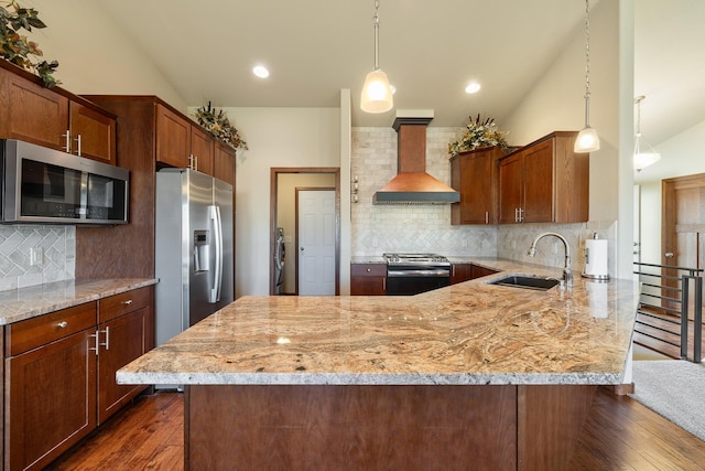5017 Misty Woods Ln, Rapid City, SD 57701 - kitchen featuring appliances with stainless steel finishes, dark hardwood / wood-style flooring, premium range hood, vaulted ceiling, and sink