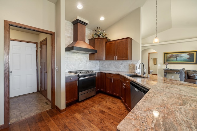 5017 Misty Woods Ln, Rapid City, SD 57701 - kitchen with appliances with stainless steel finishes, premium range hood, dark hardwood / wood-style floors, and sink