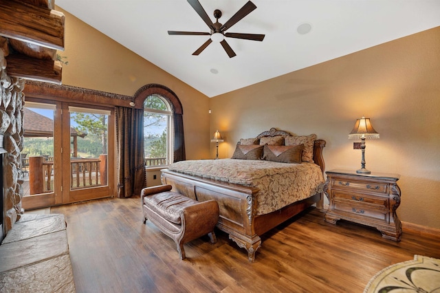 bedroom featuring access to exterior, ceiling fan, high vaulted ceiling, and wood-type flooring