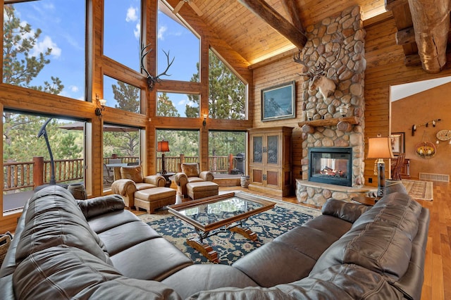 living room featuring a fireplace, wood ceiling, wood-type flooring, high vaulted ceiling, and beamed ceiling