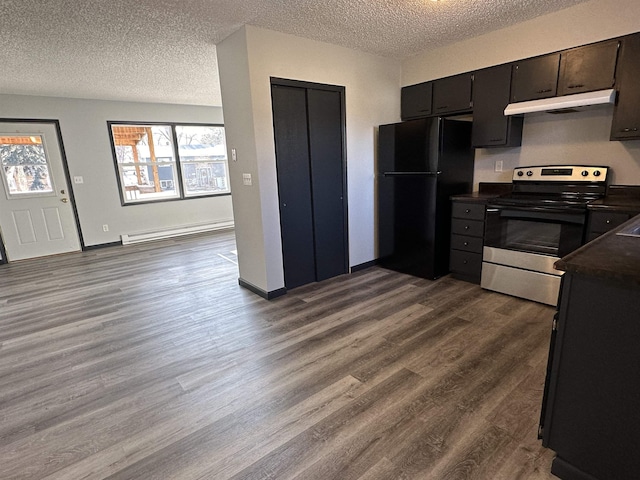 kitchen with dark wood-type flooring, a baseboard heating unit, black refrigerator, electric stove, and a textured ceiling