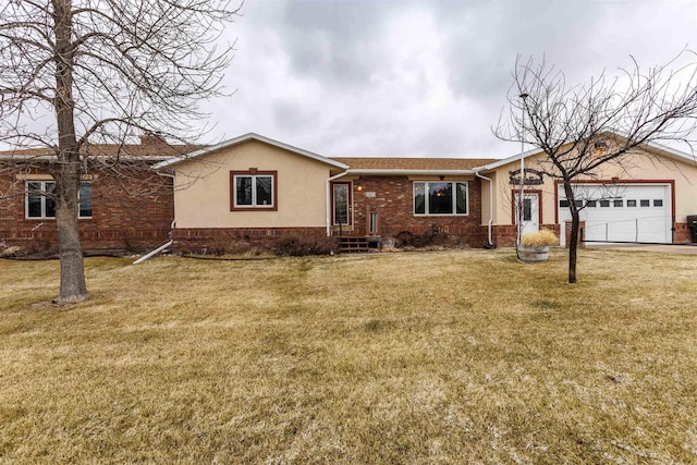 ranch-style home with a front lawn and a garage