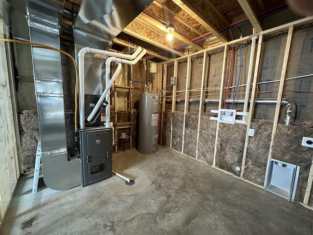 utility room with electric water heater and heating unit