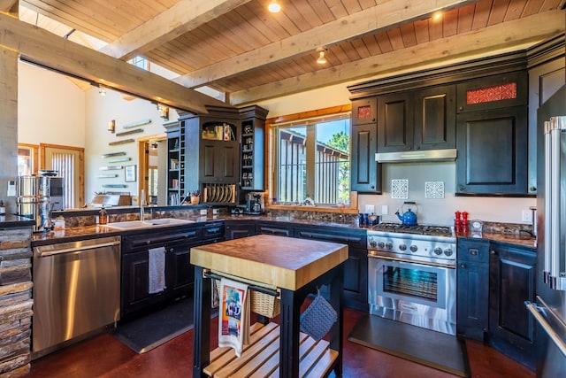 kitchen with wooden ceiling, sink, beamed ceiling, and stainless steel appliances