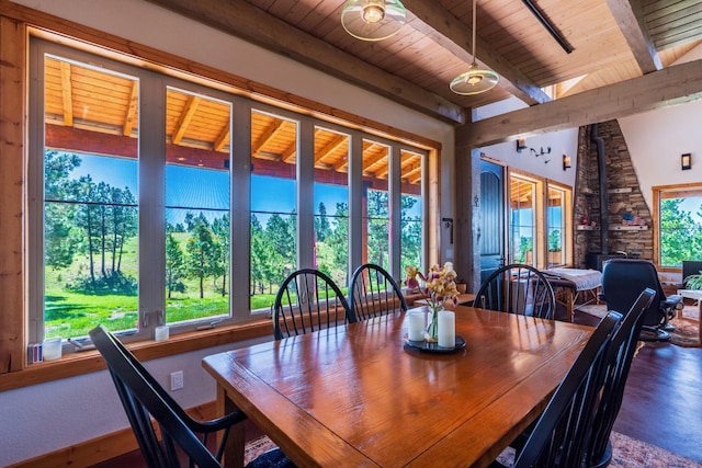 dining room with lofted ceiling with beams and wood ceiling