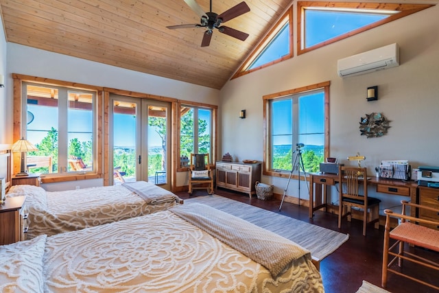 bedroom with a wall mounted air conditioner, wooden ceiling, access to outside, french doors, and ceiling fan