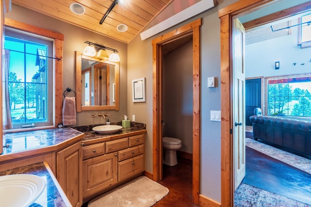 bathroom with toilet, vaulted ceiling, a wealth of natural light, and wooden ceiling