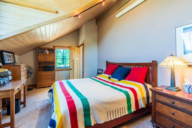 carpeted bedroom with lofted ceiling and wood ceiling