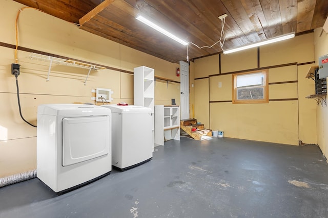 laundry room featuring independent washer and dryer and wood ceiling