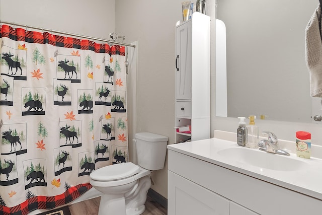 bathroom with wood-type flooring, toilet, vanity, and a shower with curtain