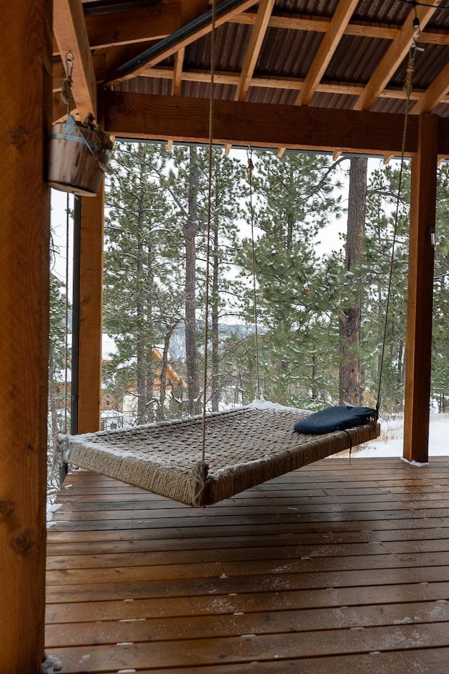 view of snow covered deck