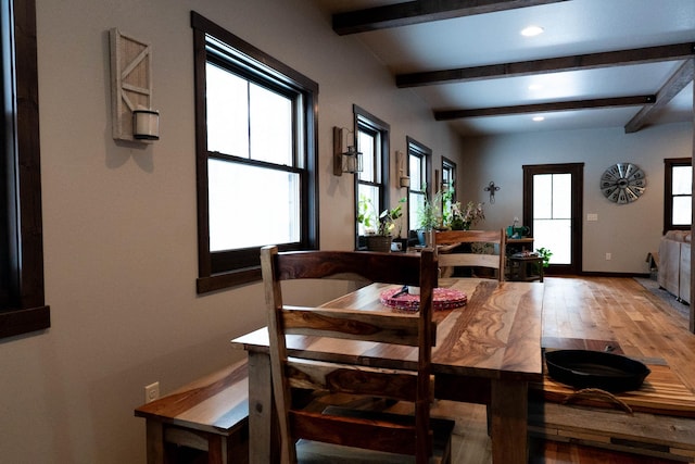 dining area featuring beam ceiling, hardwood / wood-style floors, and a healthy amount of sunlight