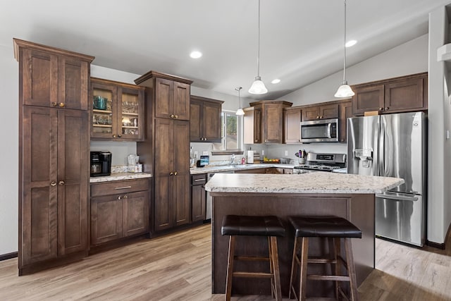 kitchen featuring hanging light fixtures, stainless steel appliances, lofted ceiling, and light hardwood / wood-style floors