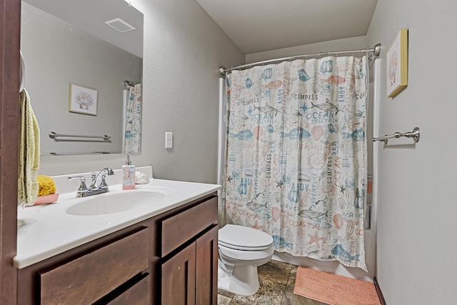 full bathroom with vanity, toilet, and shower / bathtub combination with curtain