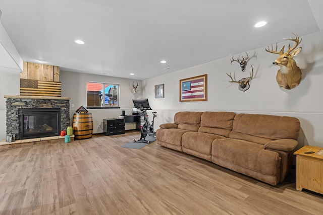 living room featuring a fireplace and light wood-type flooring