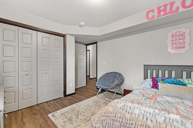 bedroom with wood-type flooring and a closet