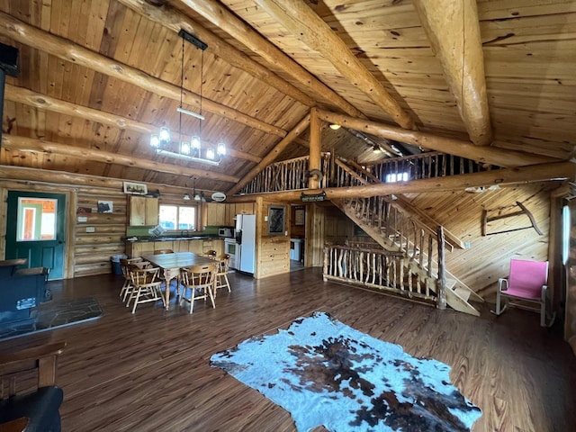 unfurnished living room featuring beam ceiling, wooden ceiling, dark hardwood / wood-style flooring, high vaulted ceiling, and wooden walls