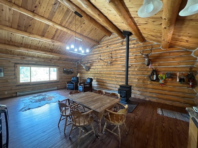 unfurnished dining area with log walls, dark hardwood / wood-style flooring, lofted ceiling with beams, and a baseboard heating unit