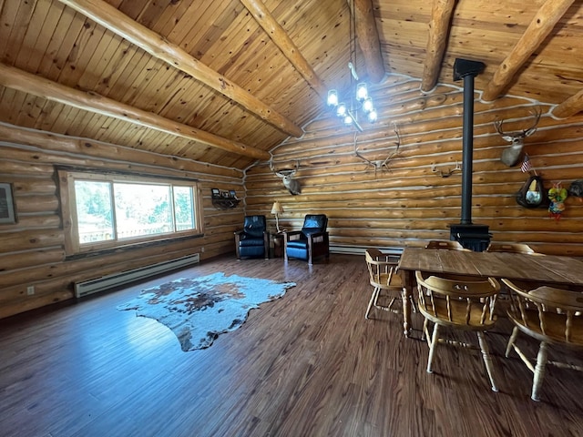 interior space with beam ceiling, dark hardwood / wood-style flooring, log walls, and a baseboard heating unit