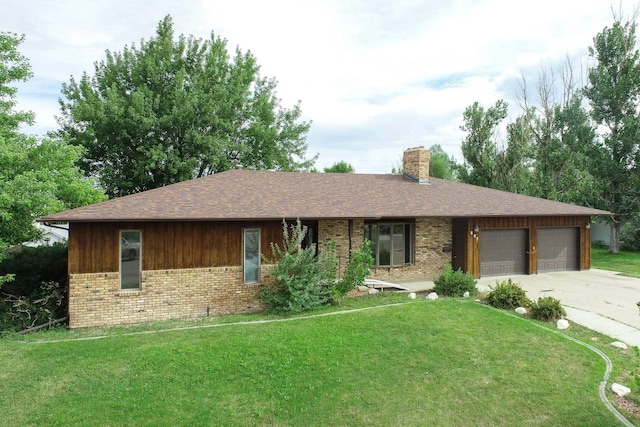 ranch-style house with a garage and a front lawn