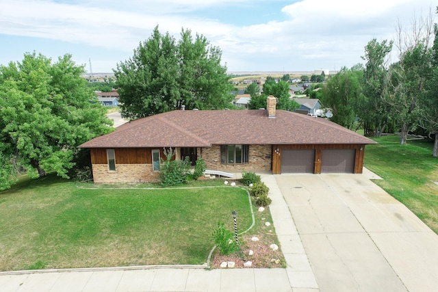 single story home featuring a front yard and a garage