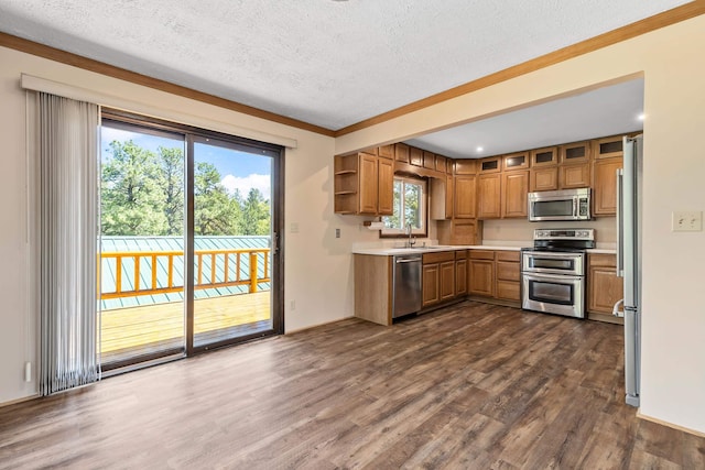 kitchen with crown molding, sink, a textured ceiling, dark hardwood / wood-style flooring, and stainless steel appliances