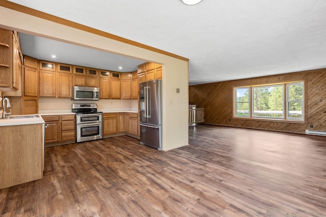 kitchen with sink, dark wood-type flooring, stainless steel appliances, a baseboard radiator, and wooden walls