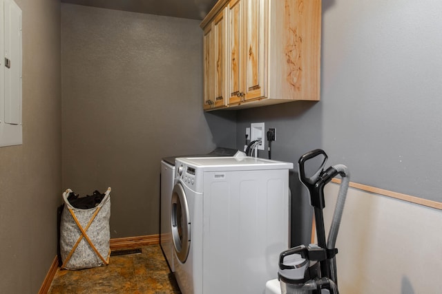 laundry room featuring electric panel, cabinets, and washer and dryer