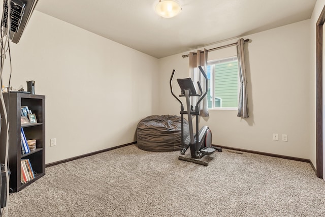 workout area featuring carpet flooring