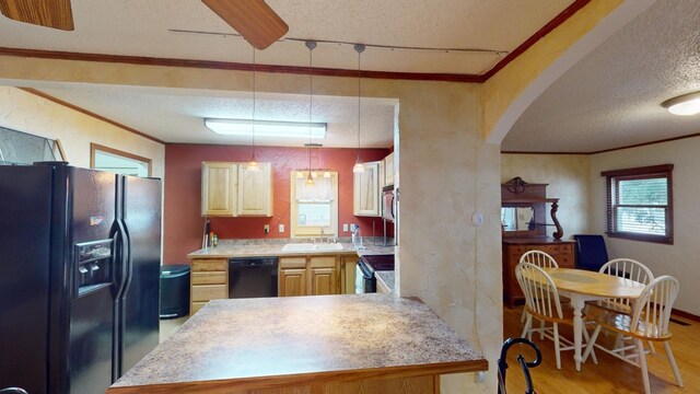 171 N Newton Ave, Hill City, SD 57745 - kitchen with light brown cabinets, ornamental molding, pendant lighting, black appliances, and light wood-type flooring