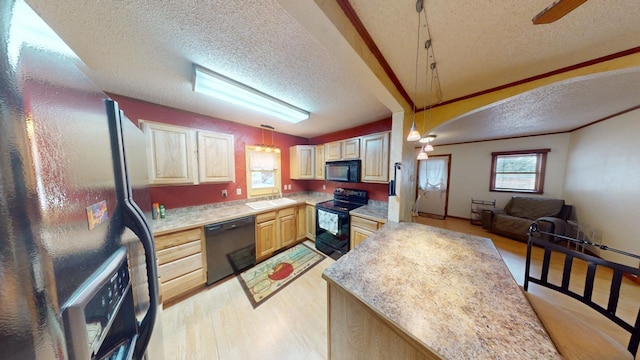 171 N Newton Ave, Hill City, SD 57745 - kitchen with pendant lighting, light brown cabinets, black appliances, a textured ceiling, and light hardwood / wood-style floors