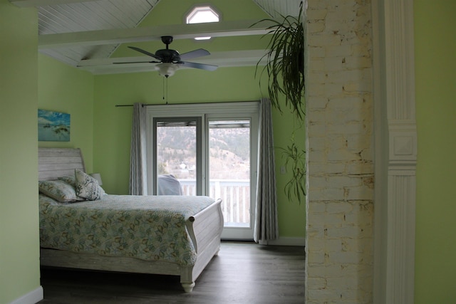 bedroom with vaulted ceiling with beams, hardwood / wood-style flooring, and ceiling fan