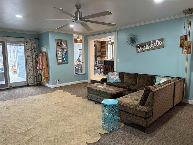 carpeted living room featuring ceiling fan and crown molding