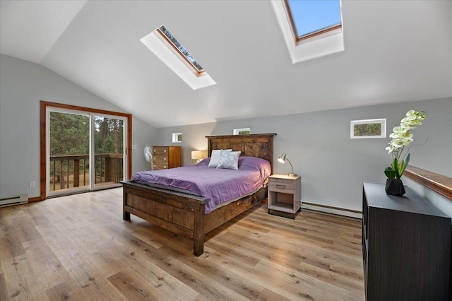 bedroom featuring access to exterior, lofted ceiling with skylight, light hardwood / wood-style flooring, and a baseboard radiator