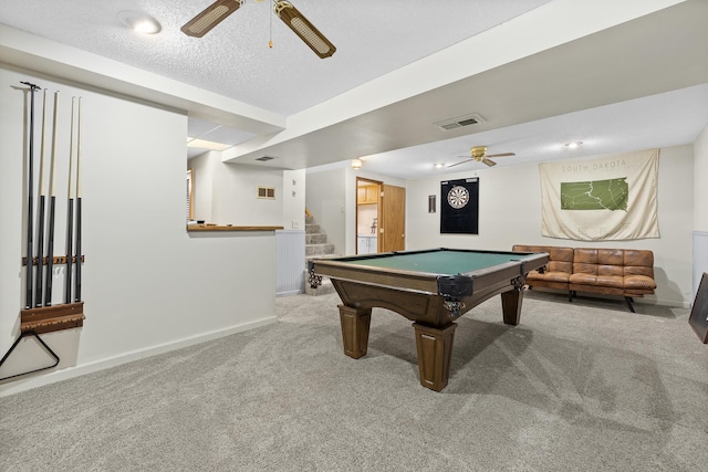 game room with ceiling fan, carpet, a textured ceiling, and billiards