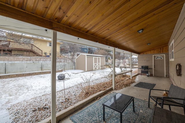 snow covered patio with a storage unit and grilling area