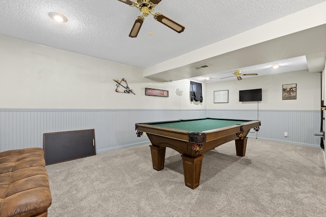 playroom with carpet flooring, ceiling fan, a textured ceiling, and billiards