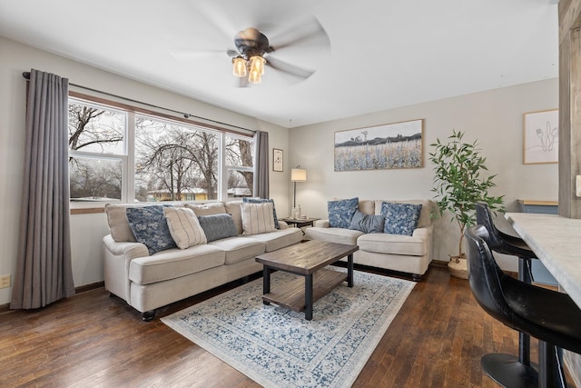 living room with ceiling fan and dark hardwood / wood-style flooring