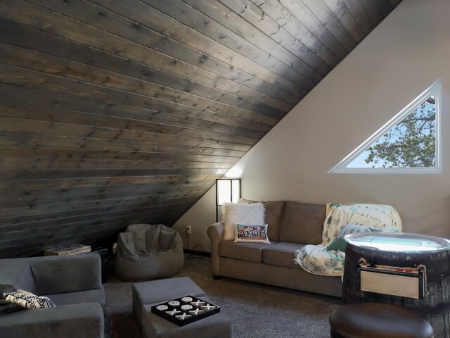 carpeted living room featuring lofted ceiling and wood ceiling