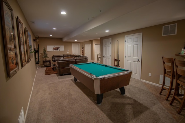 rec room with light colored carpet and pool table