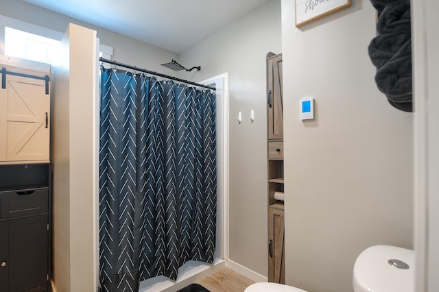 bathroom with toilet, wood-type flooring, and walk in shower