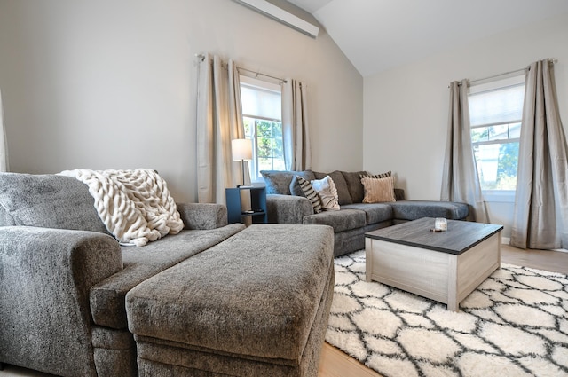 living room with vaulted ceiling and light wood-type flooring