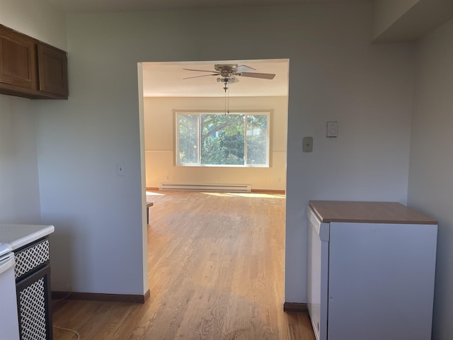 kitchen with ceiling fan, light hardwood / wood-style flooring, and a baseboard heating unit