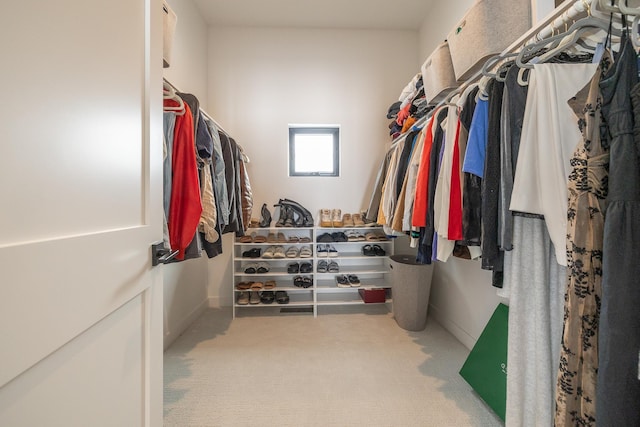 spacious closet featuring light colored carpet