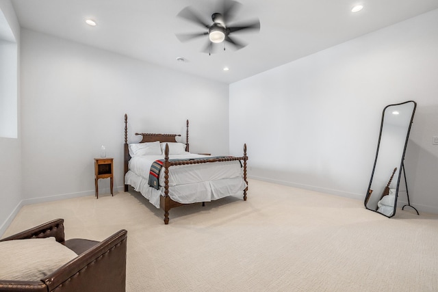 carpeted bedroom featuring ceiling fan