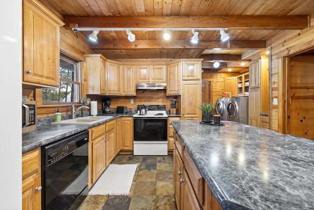 kitchen with white range with electric stovetop, wood walls, track lighting, and black dishwasher