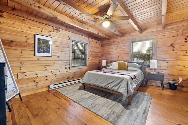 bedroom with ceiling fan, beam ceiling, a baseboard radiator, light hardwood / wood-style floors, and wood walls