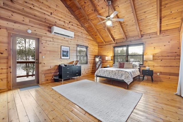 bedroom with beam ceiling, a wall mounted AC, wood walls, multiple windows, and wood ceiling