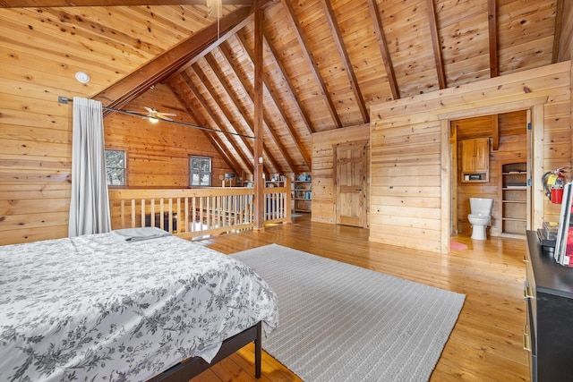 bedroom featuring wooden walls, light hardwood / wood-style flooring, beamed ceiling, and wooden ceiling