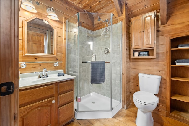 bathroom featuring vanity, wooden ceiling, a shower with door, wooden walls, and toilet